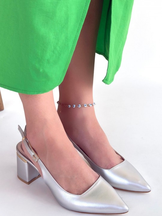 Buvera Gümüş Cilt Topuklu Ayakkabı - ER265393
