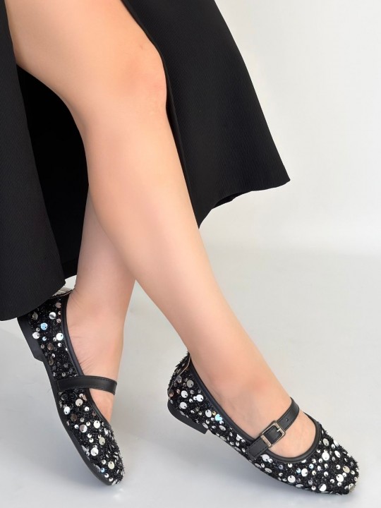 Zaty Siyah Süet Gümüş Pullu Babet Ayakkabı - ER267226