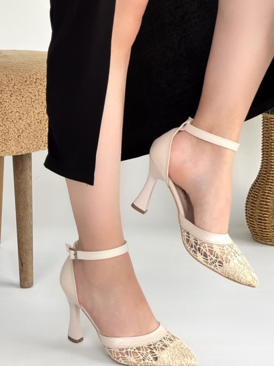 Hejra Bej Cilt Tül Detaylı Topuklu Ayakkabı - ER267818