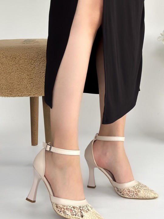 Hejra Bej Cilt Tül Detaylı Topuklu Ayakkabı - ER267818