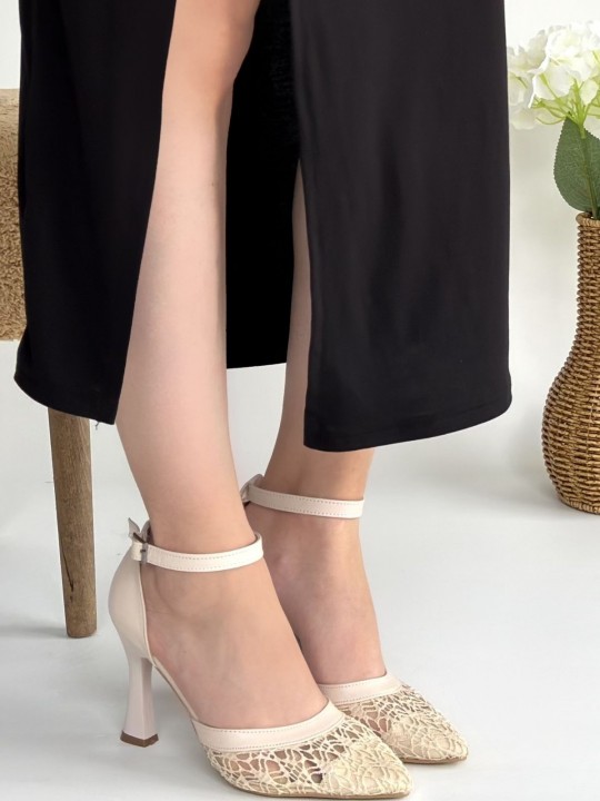 Hejra Bej Cilt Tül Detaylı Topuklu Ayakkabı - ER267818