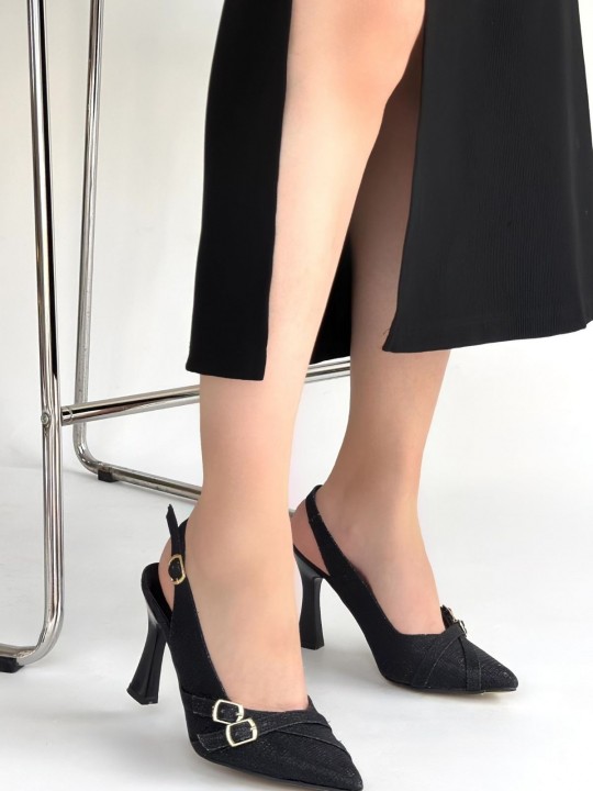 Jeddra Siyah Simli Cilt Topuklu Ayakkabı - ER267809