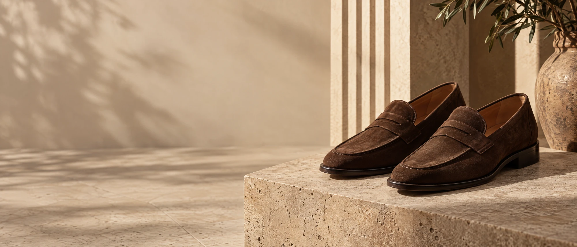 Kahve rengi süet penny loafer çift, travertin podyum üzerinde doğal ışıkta